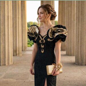 VTG 80s PROM Puff Ruffle Spiral Sleeve, Maxi Dress Formal Gown Black Gold Lace S